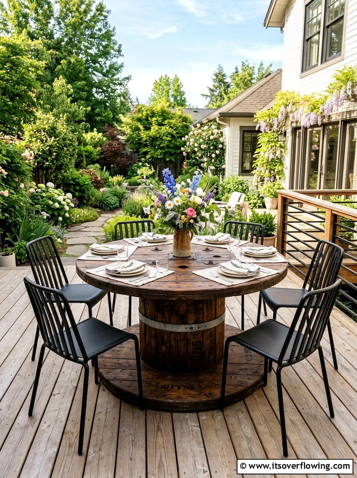Backyard dining table - 25 recycled garden ideas with cable spools