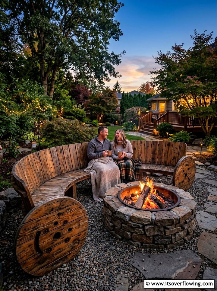 Backyard fire pit bench - 25 recycled garden ideas with cable spools