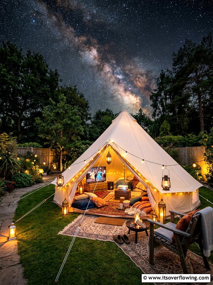 Backyard glamping tent cinema - 25 backyard ideas with outdoor movie setup