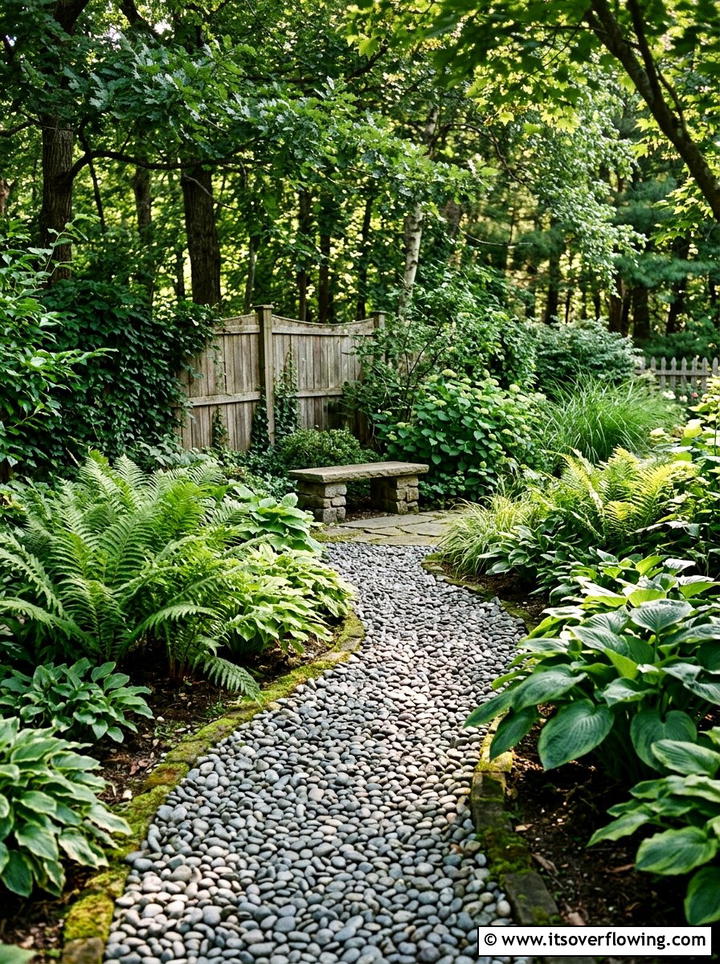 Backyard pebble path - 25 small garden ideas with low maintenance plants