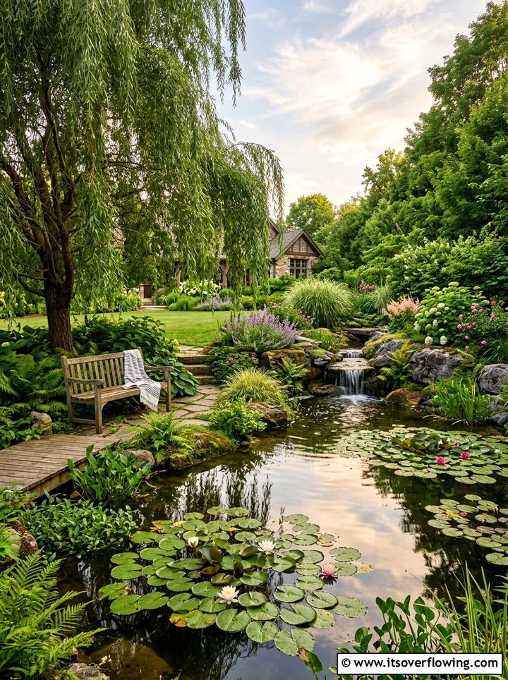 Backyard pond with lakeside bench - 25 backyard ideas with benches