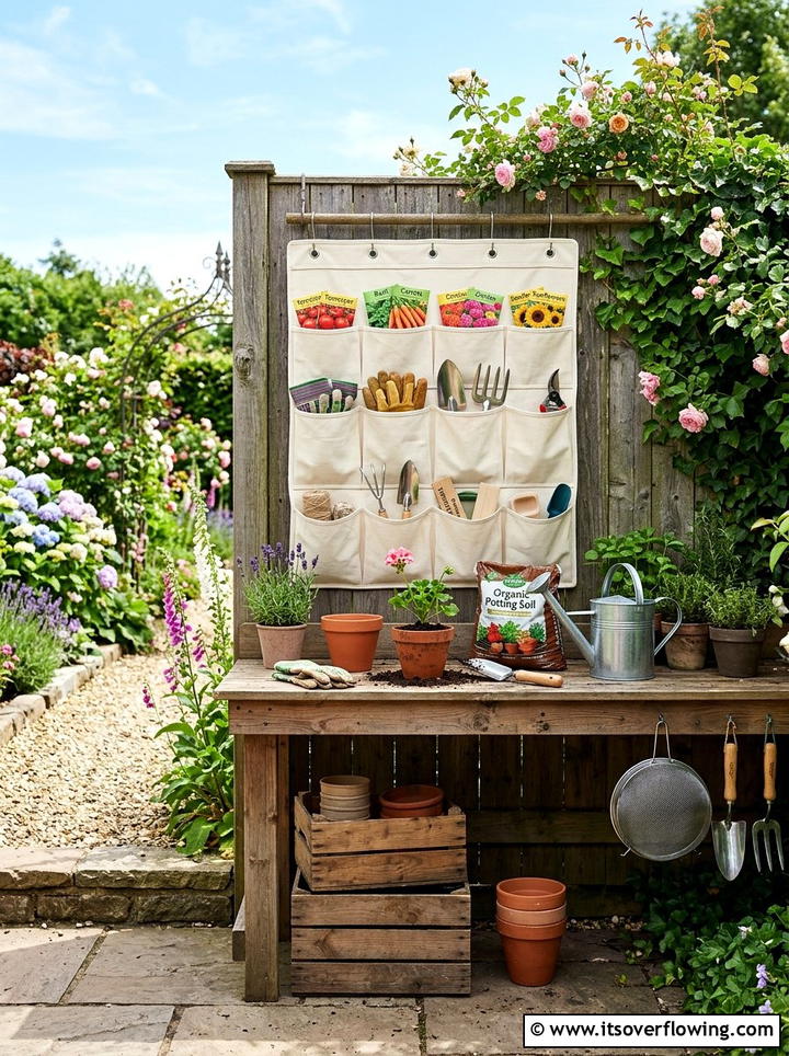 Backyard potting station - 25 upcycled garden ideas with shoe organizers