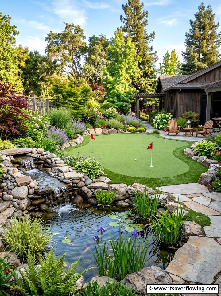 Backyard putting green with water feature - 25 backyard ideas with putting green