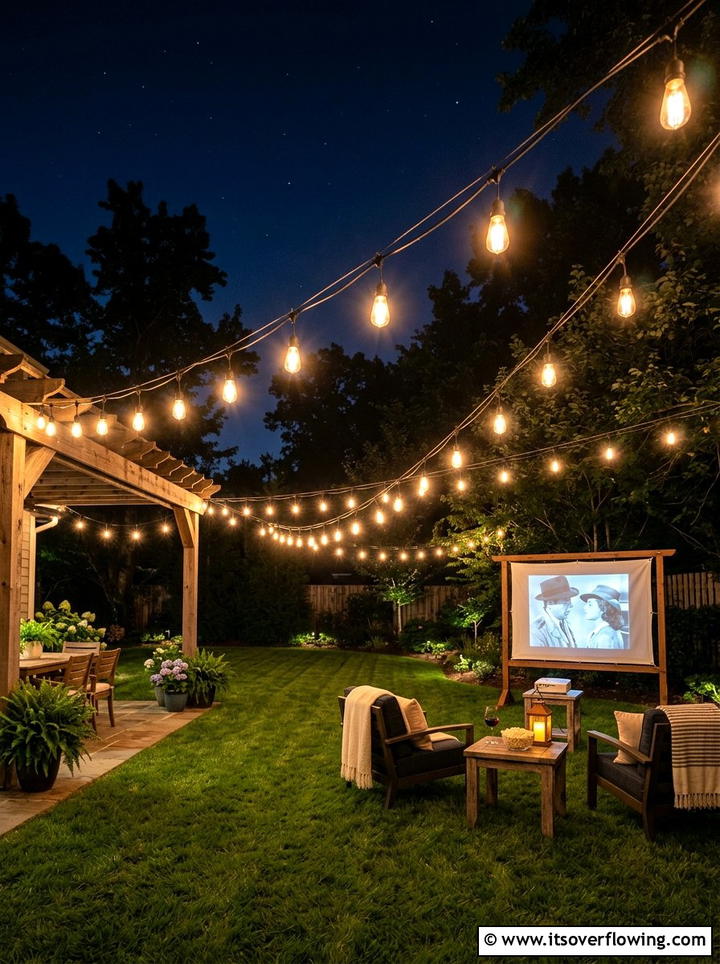 Backyard string lighting - 25 backyard ideas with outdoor movie setup