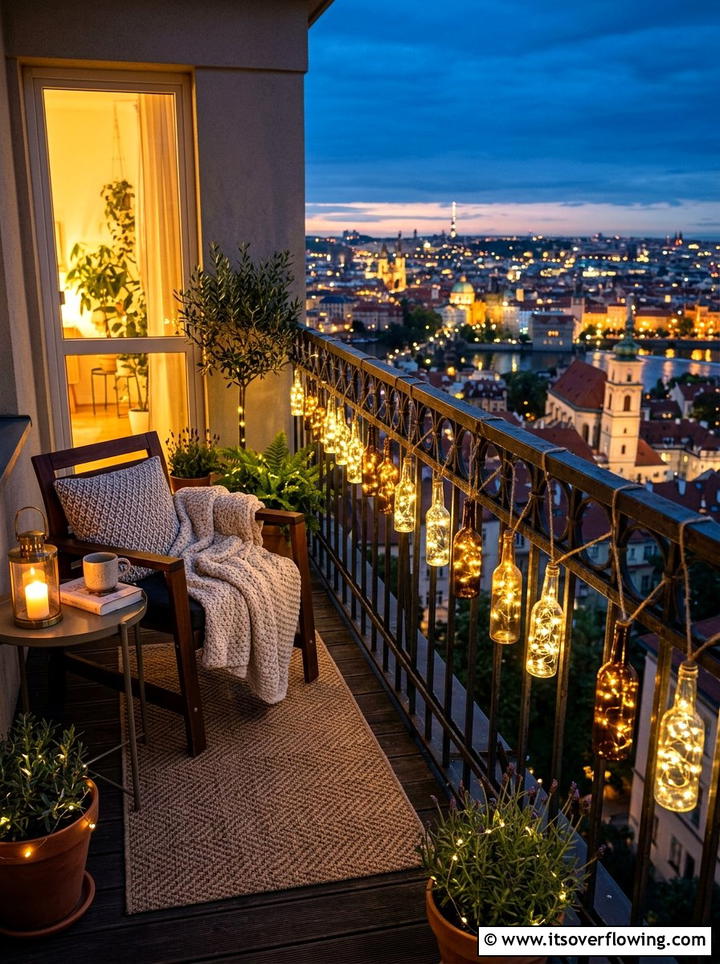Balcony railing bottle lights - 25 garden decor ideas with bottle lights