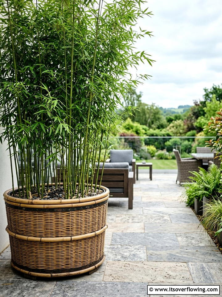 Bamboo Barrel Planter - 25 backyard ideas with barrel planter