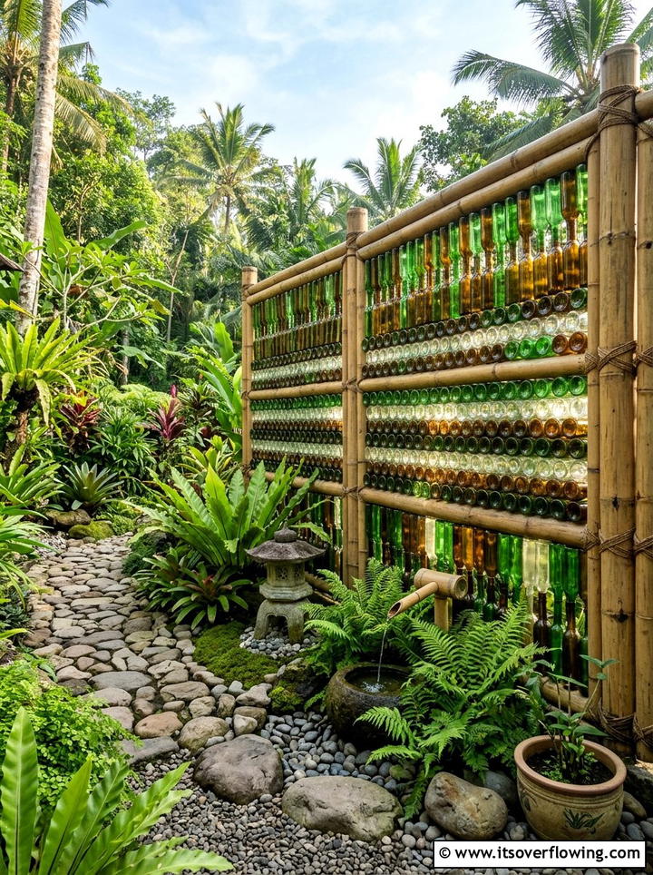 Bamboo Bottle Wall - 25 recycled garden ideas with hanging bottle planters