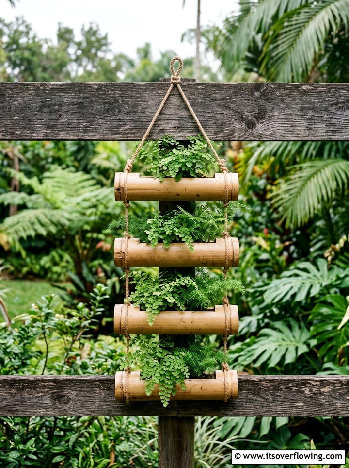 Bamboo Pipe Plant Holder - 25 cheap garden ideas with simple planters