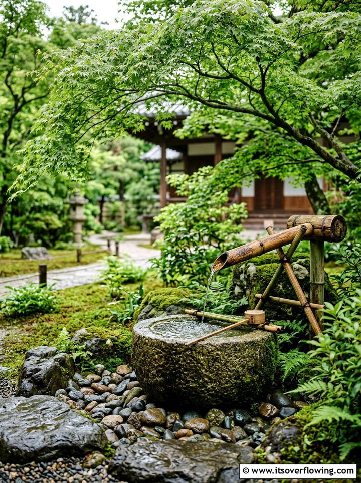 Bamboo Sprout And Stone Basin - 25 small garden ideas with water feature