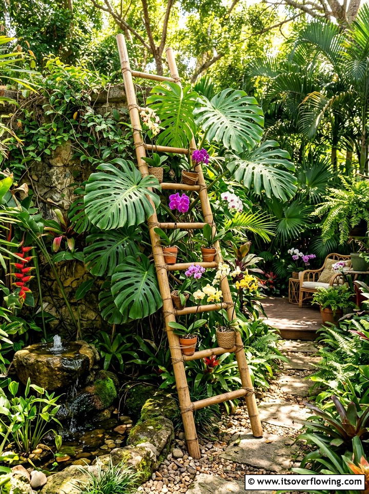 Bamboo Tropical Plant Ladder - 25 garden decor ideas with floral ladders