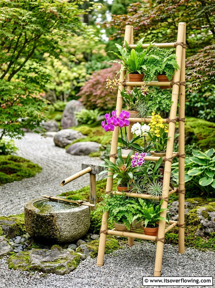 Bamboo garden ladder stand - 25 upcycled garden ideas with ladder shelves