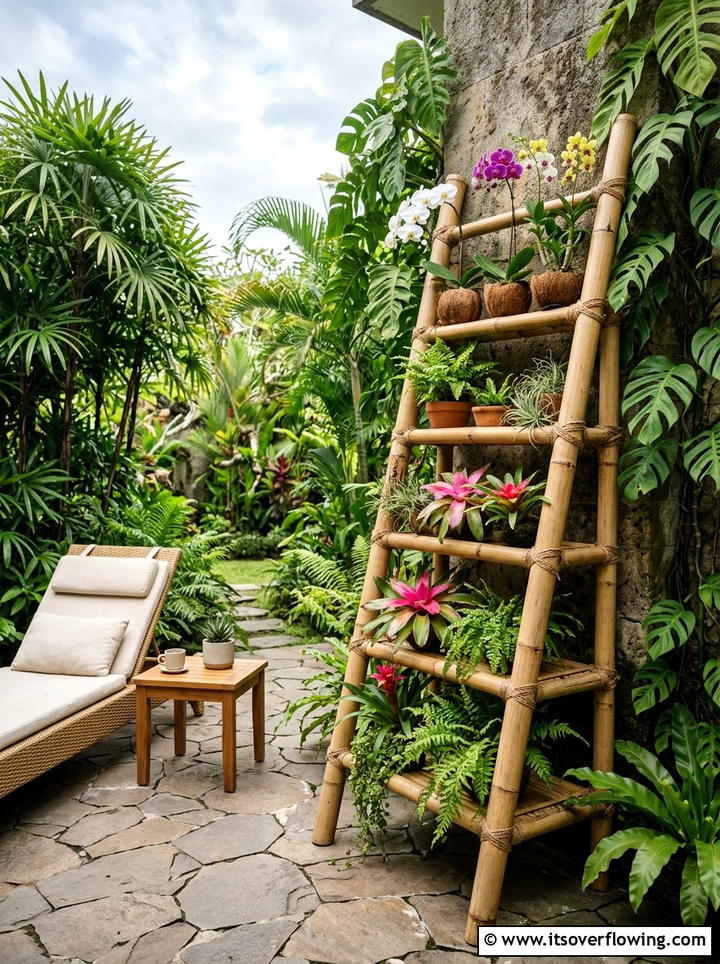 Bamboo ladder planter - 25 creative garden ideas with ladder planters