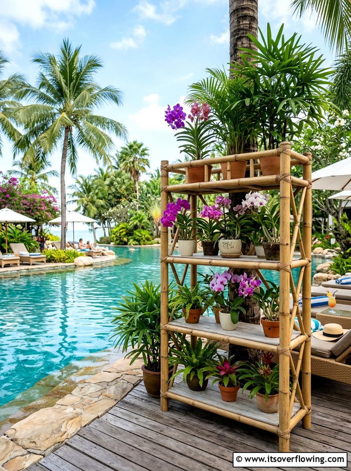 Bamboo plant rack - 25 recycled garden ideas with old shelves