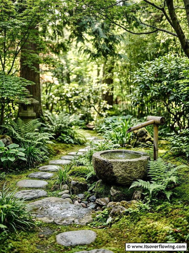 Bamboo spout water bowl - 25 garden decor ideas with water bowls