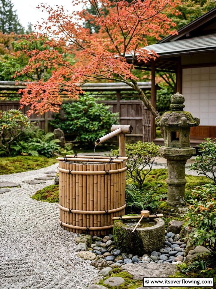 Bamboo water barrel display - 25 creative garden ideas with rain barrel displays