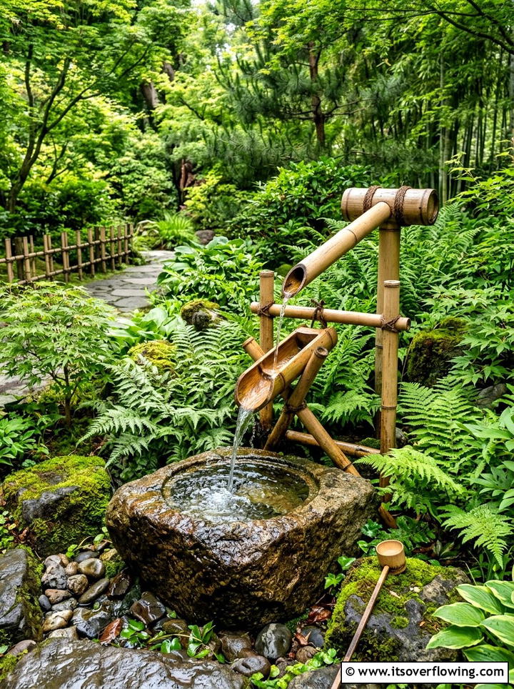 Bamboo water fountain - 25 small garden ideas with zen style