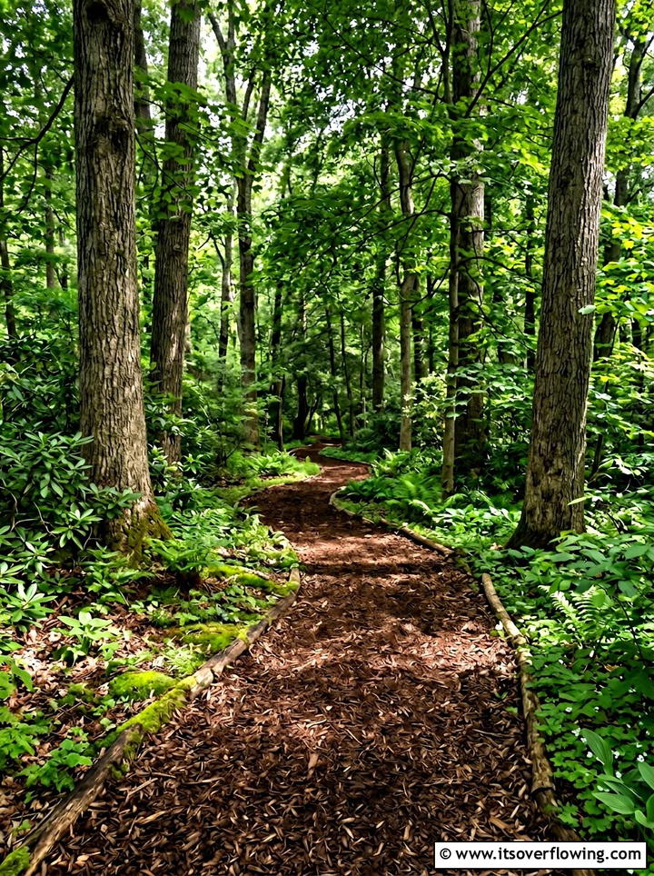 Bark mulch trail under canopy trees - 25 creative garden ideas with secret pathways
