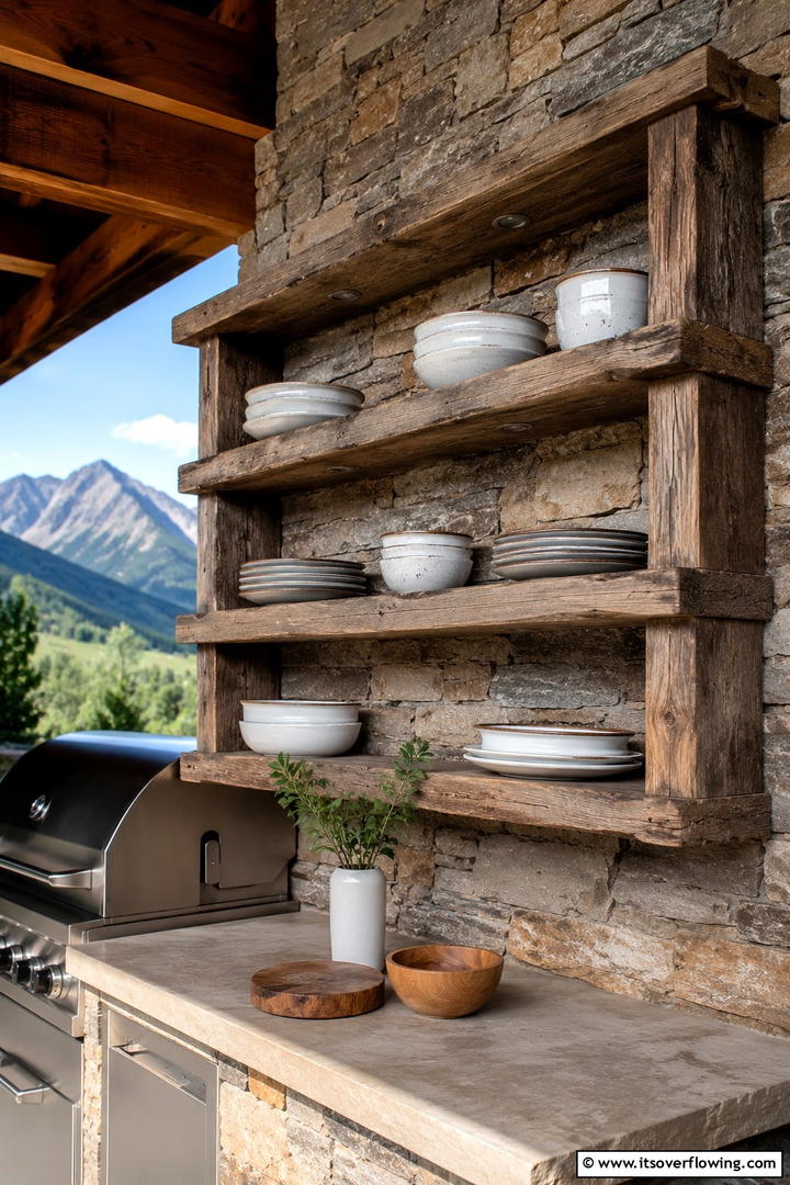 Barn Wood Shelving - 30 Rustic Outdoor Kitchen Ideas for Al Fresco Dining