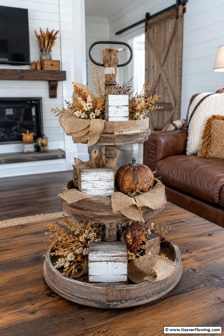 Barnwood and Burlap Rustic - 50 Fall Tiered Tray Decor Ideas for Festive Shelves