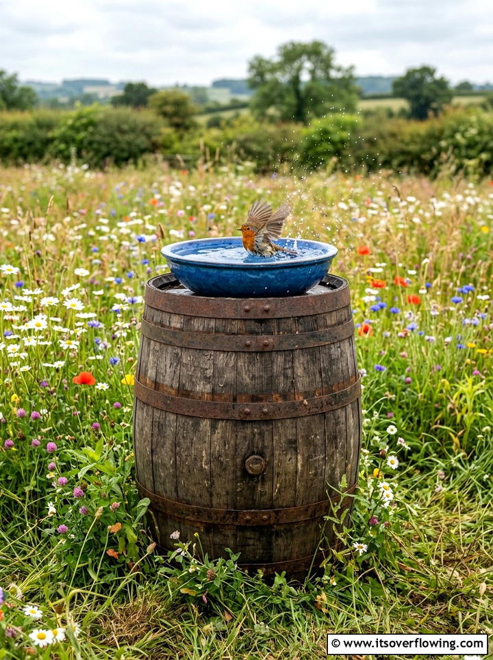 Barrel Bird Bath - 25 upcycled garden ideas with old barrels