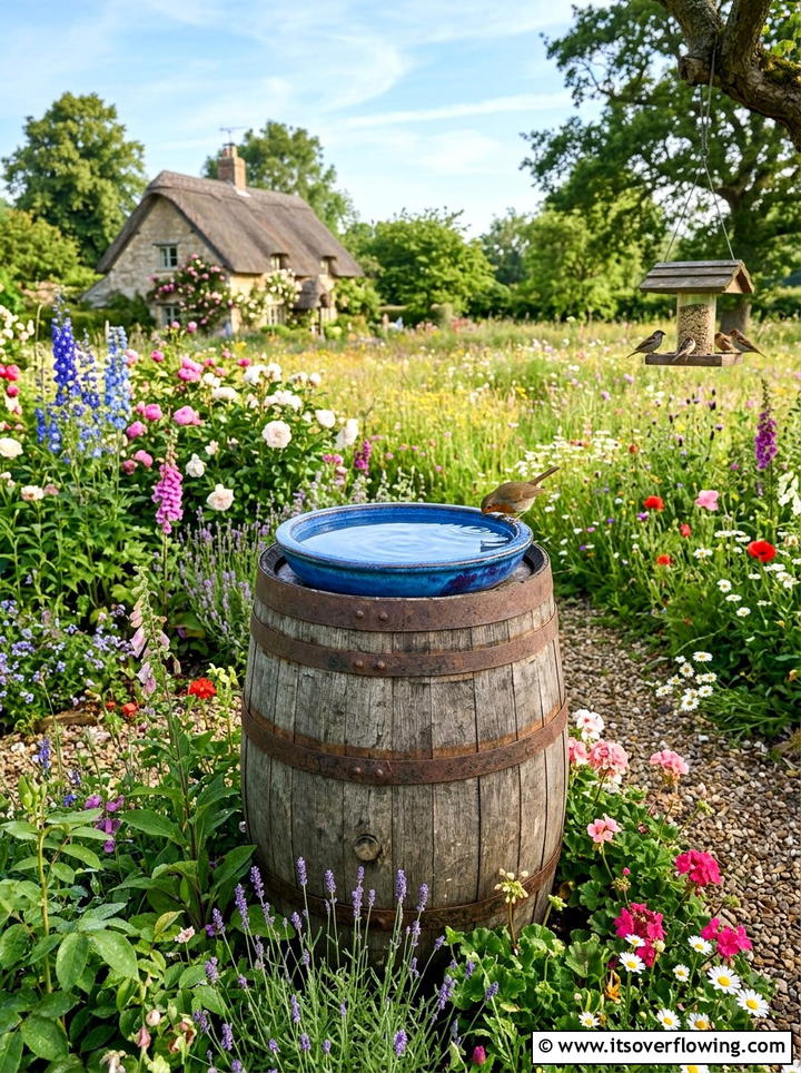 Barrel Bird Bath - 25 garden decor ideas with barrels