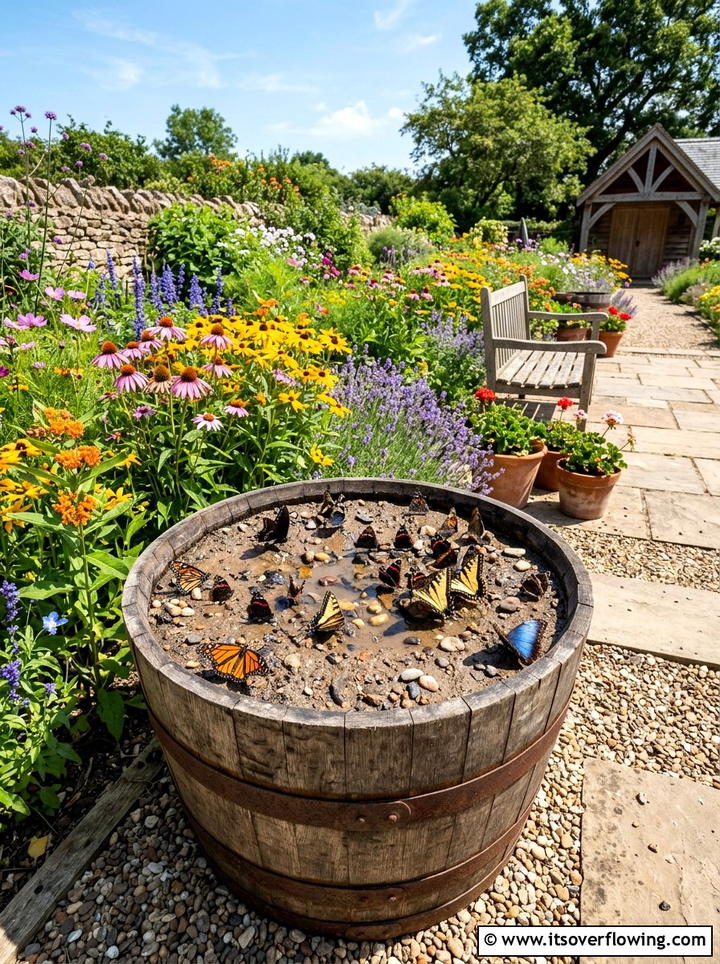 Barrel Butterfly Puddle Station - 25 garden decor ideas with barrels