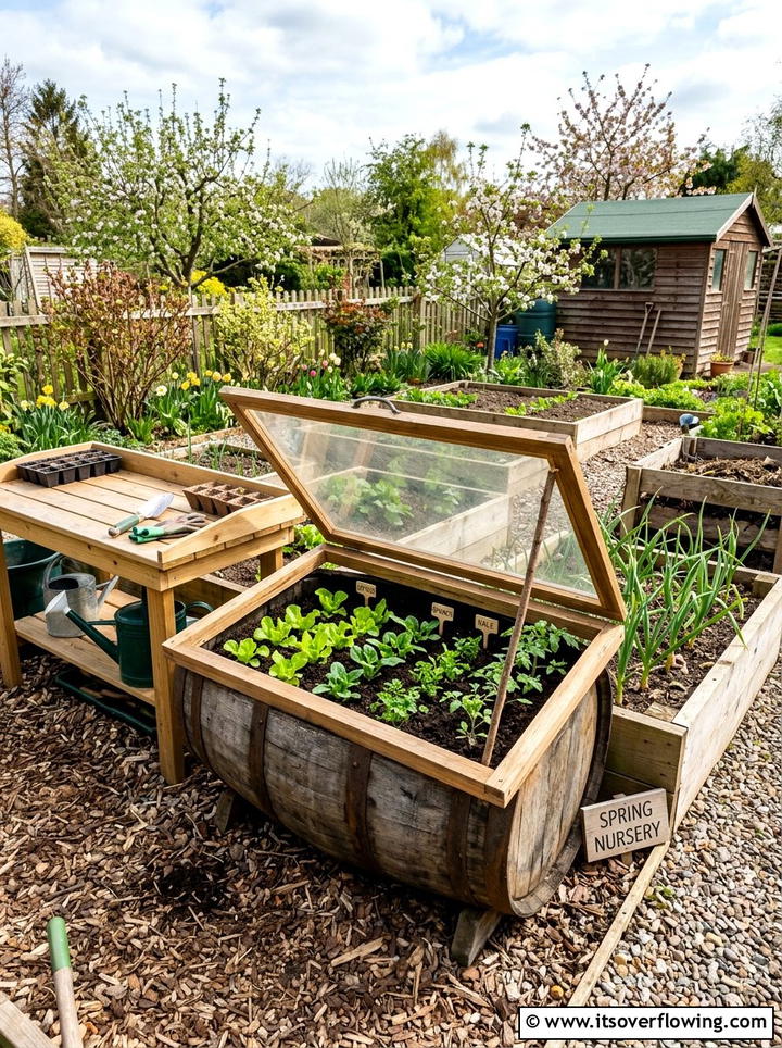 Barrel Cold Frame for Seedlings - 25 garden decor ideas with barrels