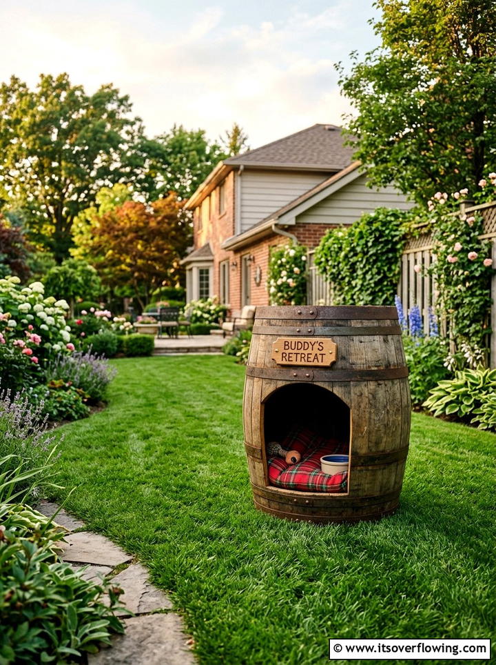 Barrel Dog House - 25 upcycled garden ideas with old barrels