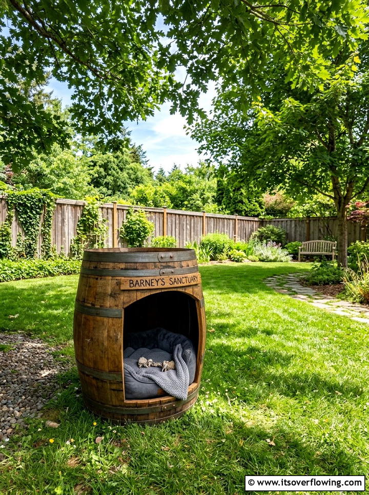 Barrel Dog House - 25 garden decor ideas with barrels