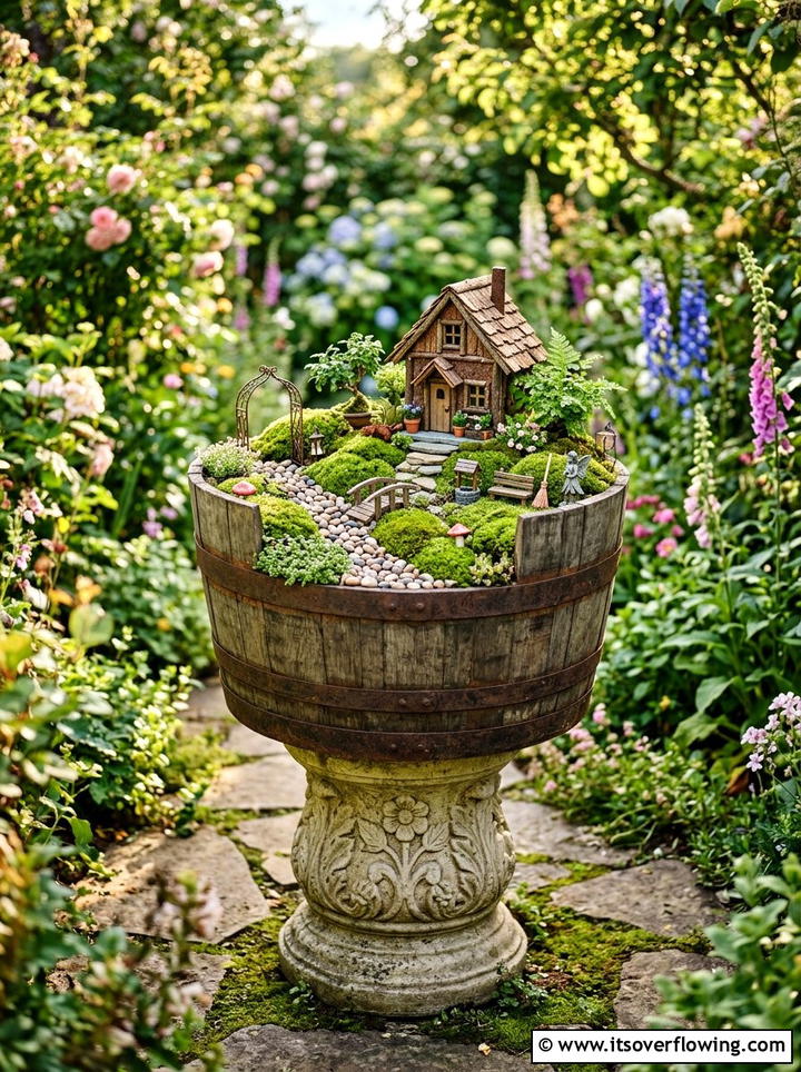 Barrel Fairy Garden - 25 upcycled garden ideas with old barrels