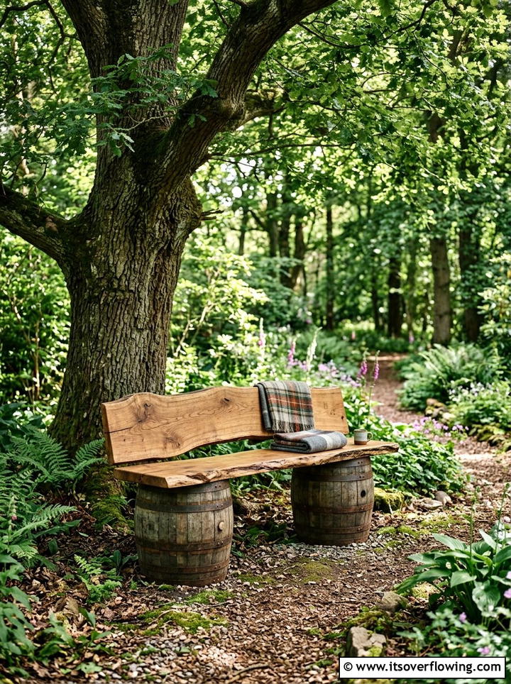 Barrel Garden Bench - 25 upcycled garden ideas with old barrels
