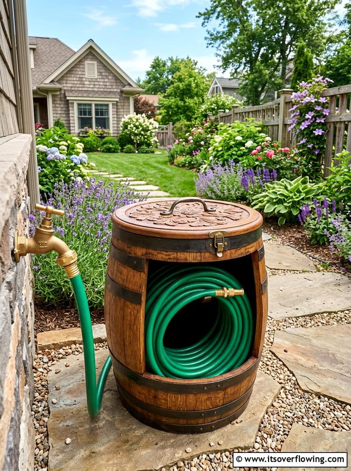 Barrel Hose Storage - 25 upcycled garden ideas with old barrels