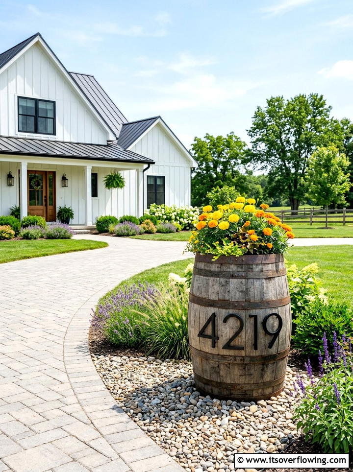 Barrel House Number Display - 25 garden decor ideas with barrels