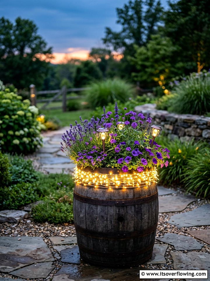 Barrel Planter Solar Light - 25 backyard ideas with barrel planter