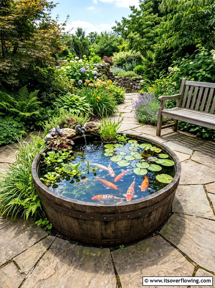 Barrel Pond With Koi - 25 garden decor ideas with barrels