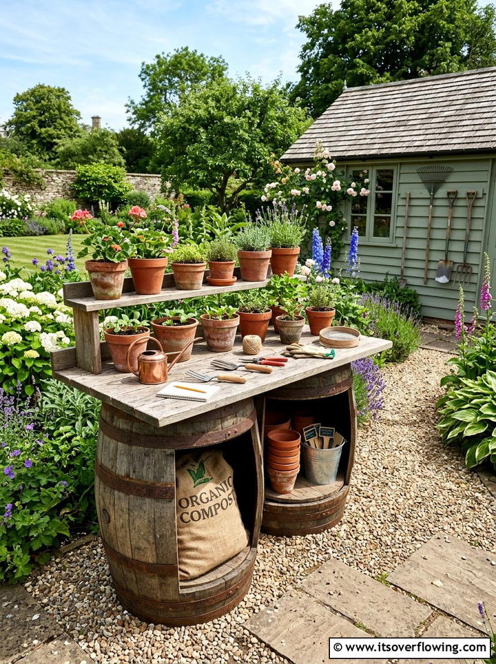 Barrel Potting Bench - 25 garden decor ideas with barrels