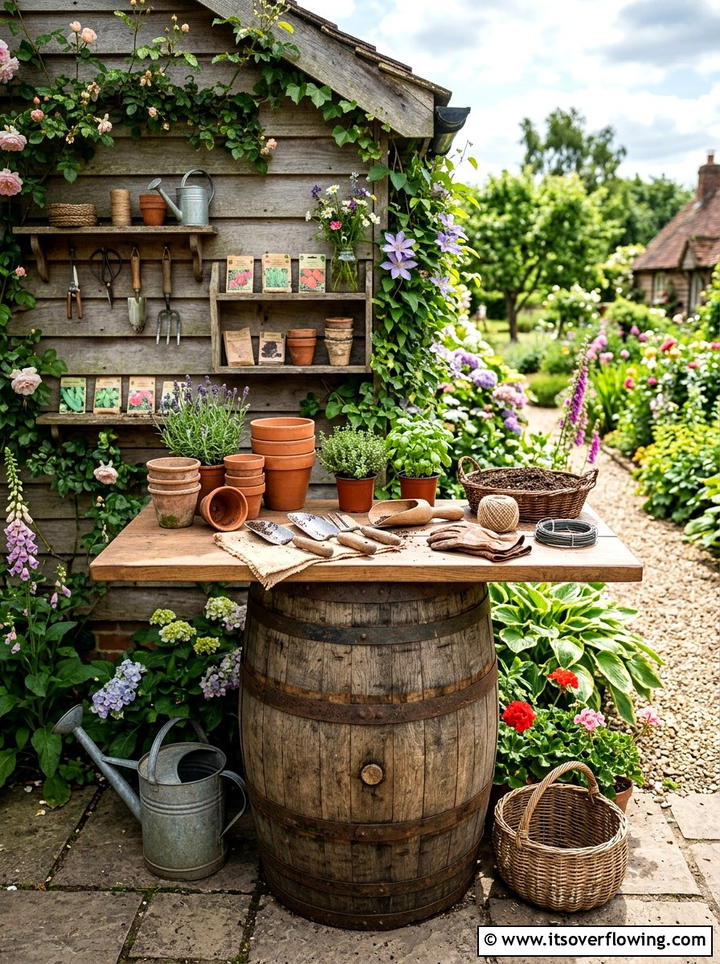 Barrel Potting Station - 25 upcycled garden ideas with old barrels