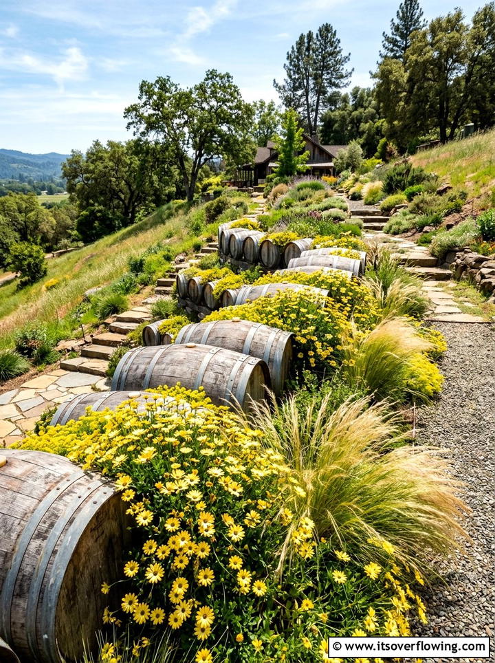 Barrel Retaining Wall - 25 garden decor ideas with barrels