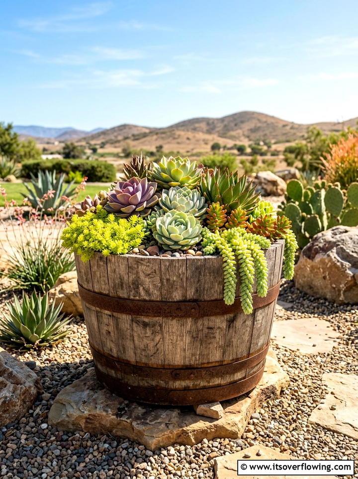 Barrel Succulent Display - 25 upcycled garden ideas with old barrels