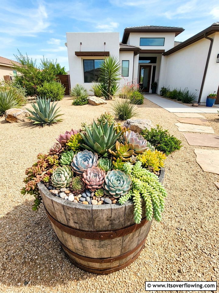 Barrel Succulent Garden - 25 garden decor ideas with barrels