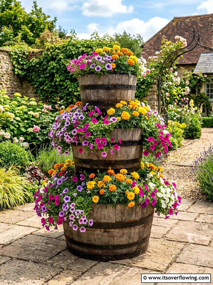 Barrel Tiered Garden - 25 upcycled garden ideas with old barrels