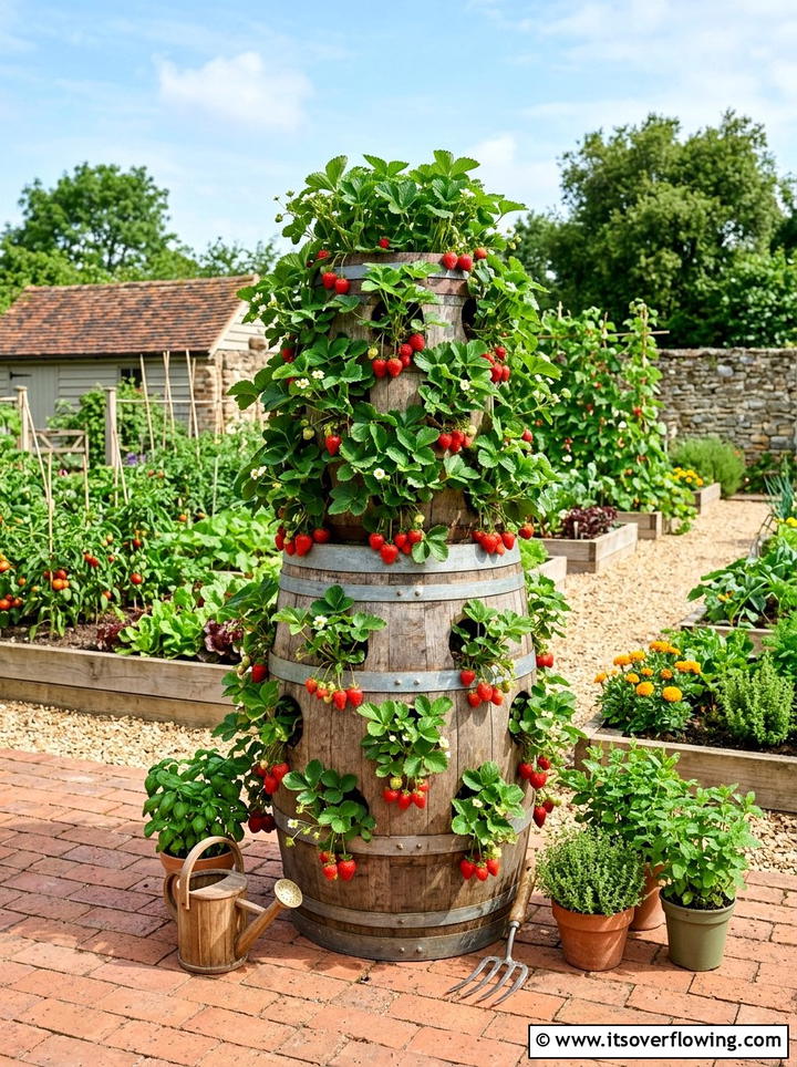Barrel Vertical Strawberry Tower - 25 garden decor ideas with barrels