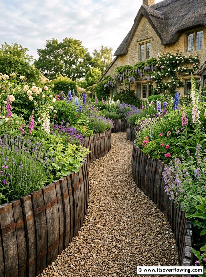 Barrel Walkway Edging - 25 upcycled garden ideas with old barrels