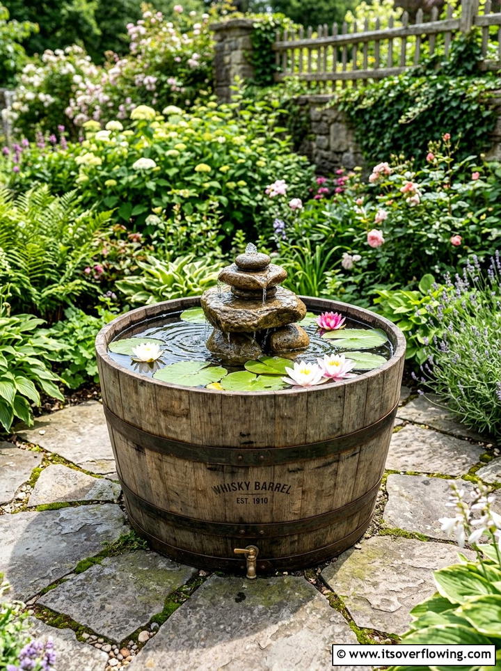 Barrel Water Feature - 25 recycled garden ideas for backyard decor