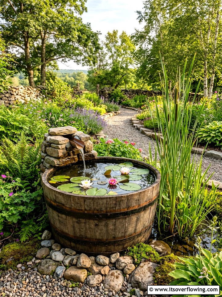 Barrel Water Feature - 25 reusing old things ideas for front yard
