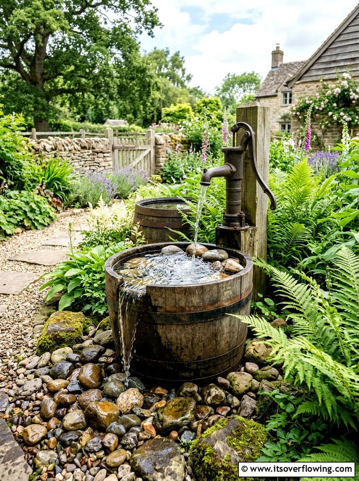 Barrel Water Feature - 25 backyard ideas with rustic style