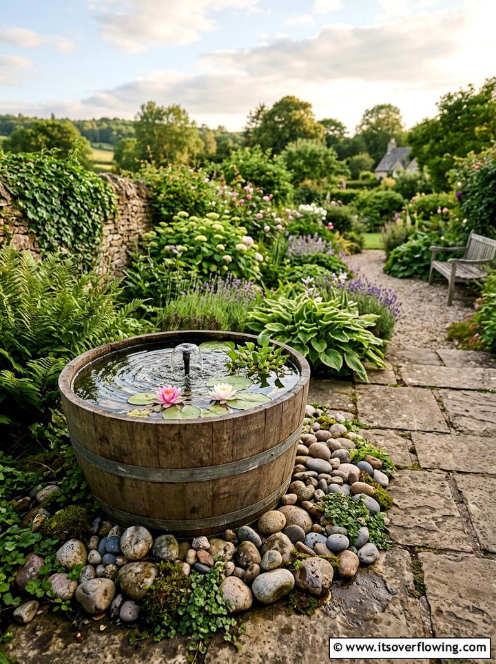 Barrel Water Feature - 25 backyard decorating ideas with recycled materials