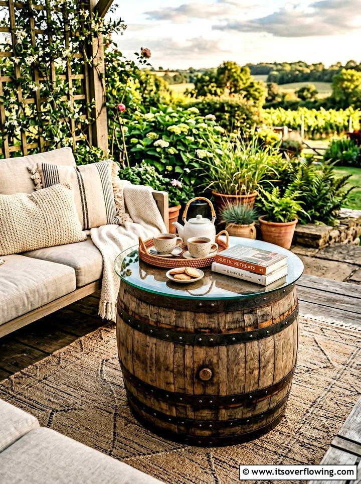 Barrel outdoor coffee table - 25 reusing old things ideas for boho garden look