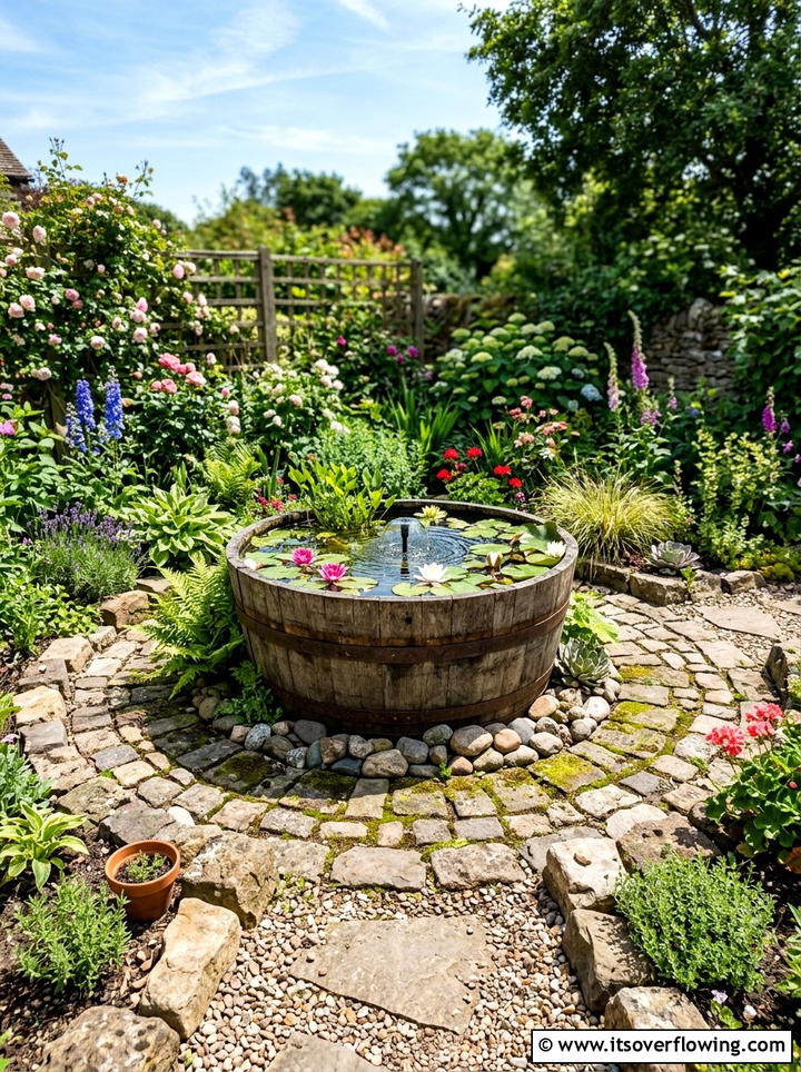 Barrel water feature - 25 upcycled garden ideas with boho style