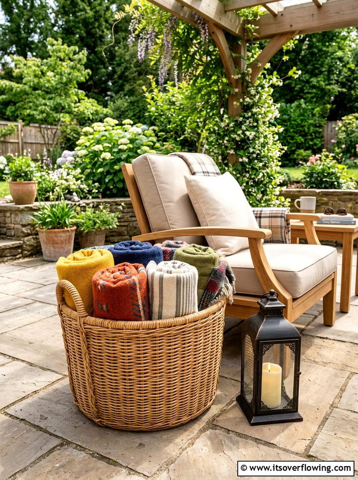 Basket Blanket Storage - 25 backyard decorating ideas with throws